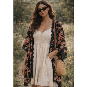 Natural Life Velvet Burnout Kimono Floral Cherry Blossom Black Sheer OS.     Aa